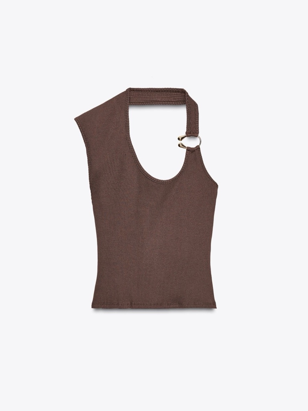 Zara Chocolate Brown One-Shoulder Knit Tank with Metal Ring